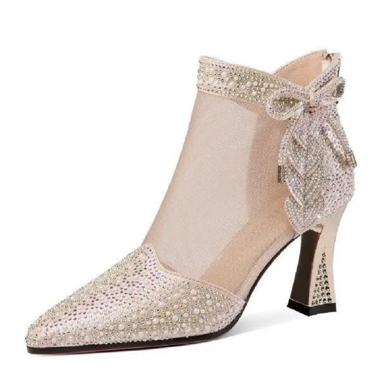 Botas Femininas Women Fashion Sweet Golden Crystal Mesh Breathable Square Heel Boots Lady Casual Autumn Shoes Ab729