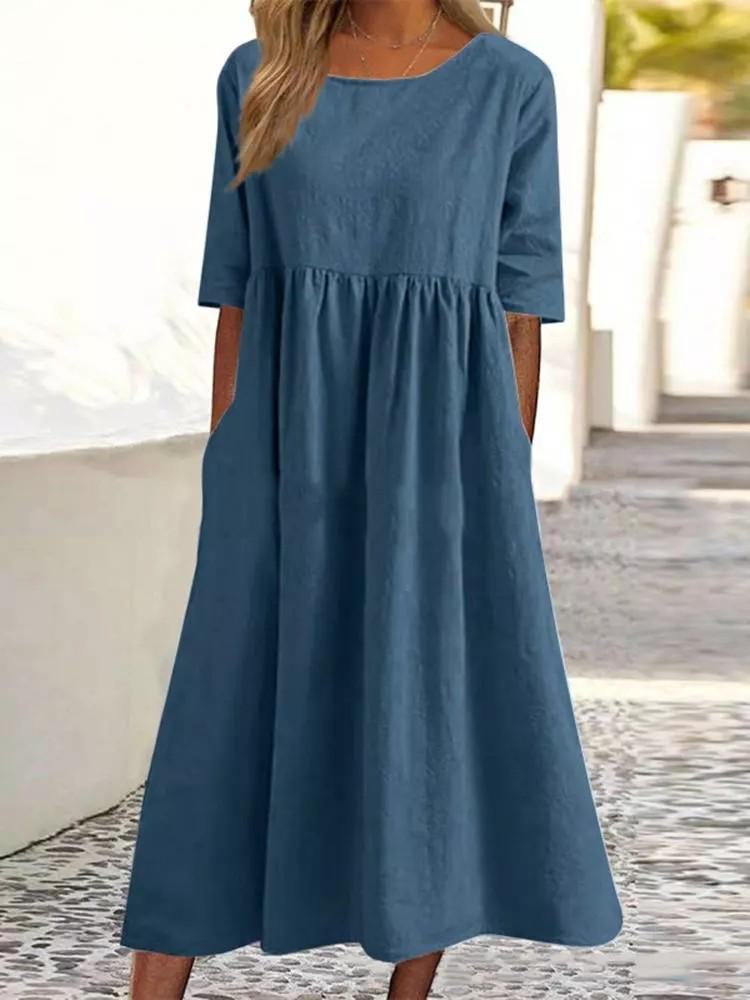 2024 Summer Cotton Linen Casual Short Sleeve Pleated Pocket Dress