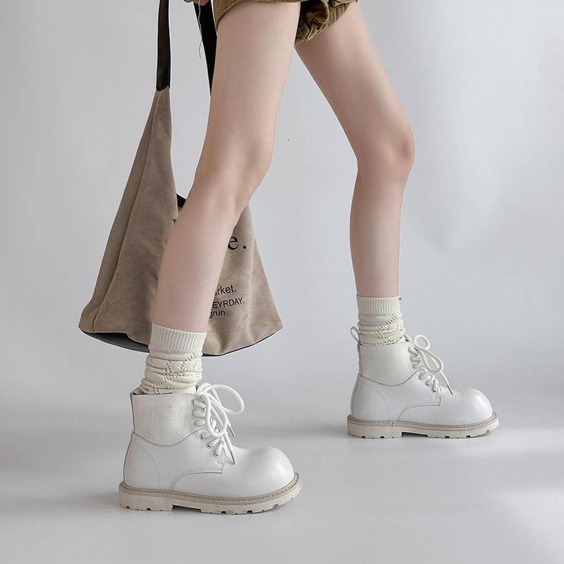 Fashion Retro Versatile Leather Boots Solid Color Lace-up Platform Martin Boots Autumn and Winter College Style Short Boots British Style Fashion B