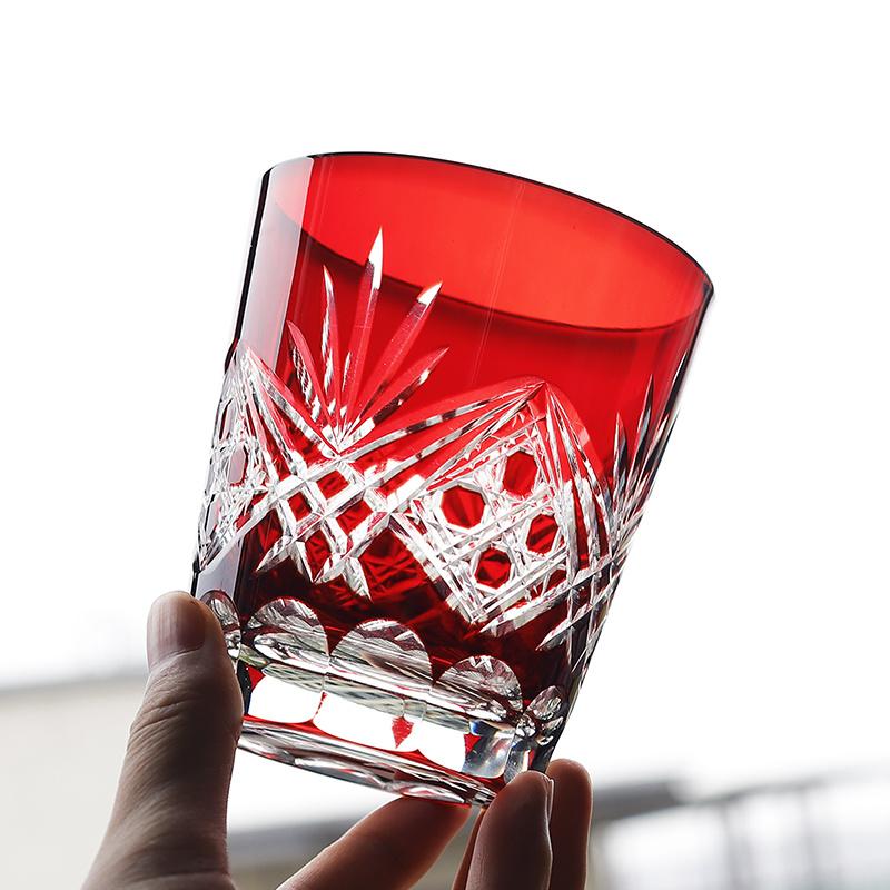 

Red Edo Crystal Whisky Glass Japanese Style Handmade Kiriko Hand Engraving Water Wine Cup Beer Cold Drink Glasses Liquor Tumbler 220ml