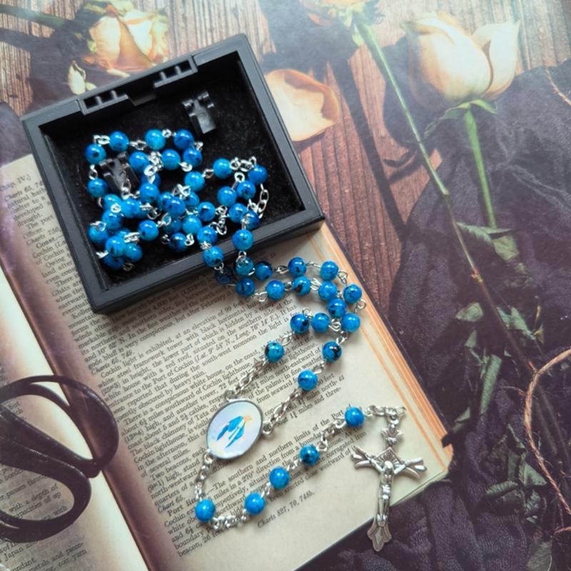 Vintage Glass Sapphires Blue Bead Necklace Religious Cross Pendant Rosary Necklace Christian Prayer Jewelry Baptism Gift