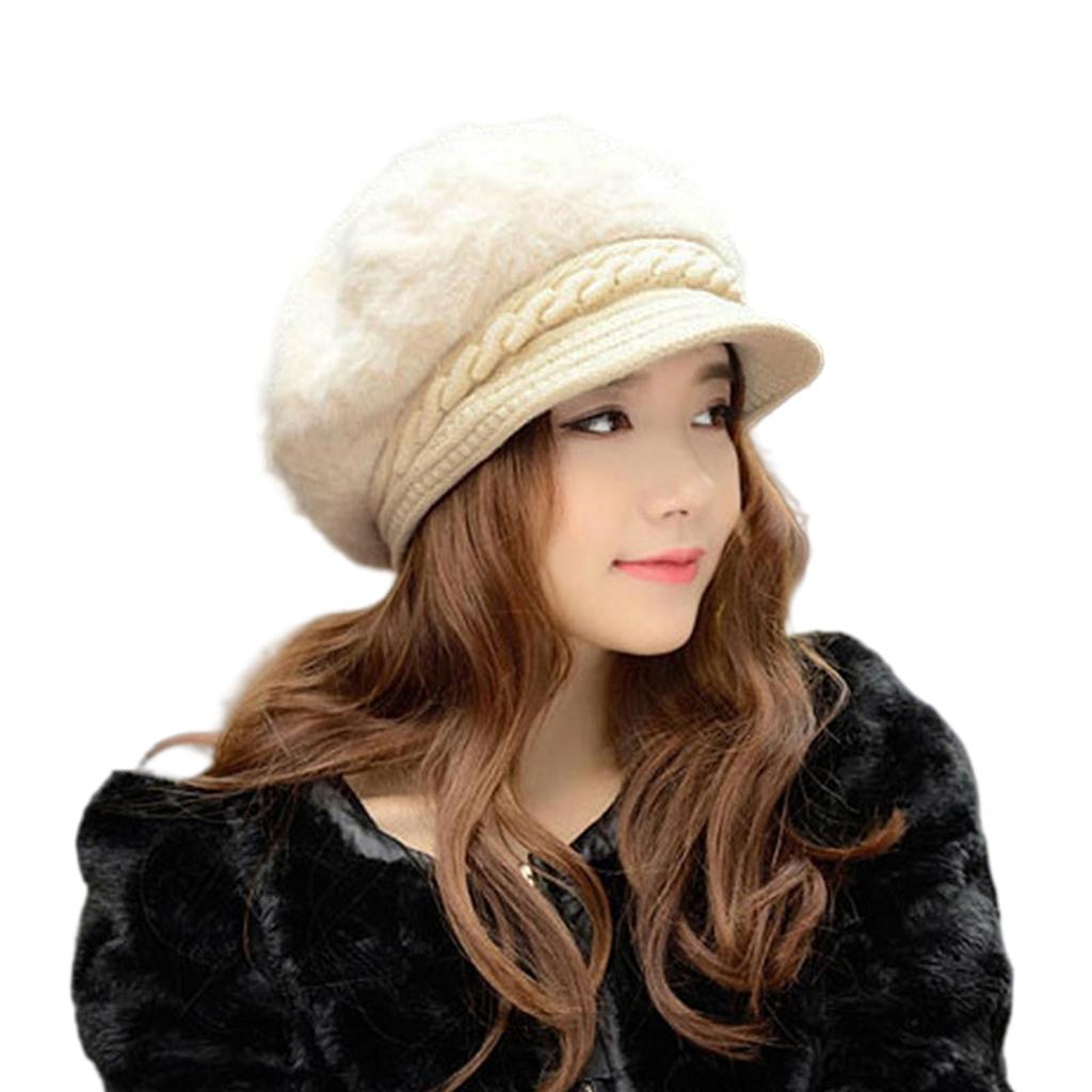 Guooryvner Knit Hat with Fur Newsboy Winter Simple UV Slimming One Size Fits Solid Perfect for Outdoor and Winter Women's Brim, Cap, Hat, Design,
