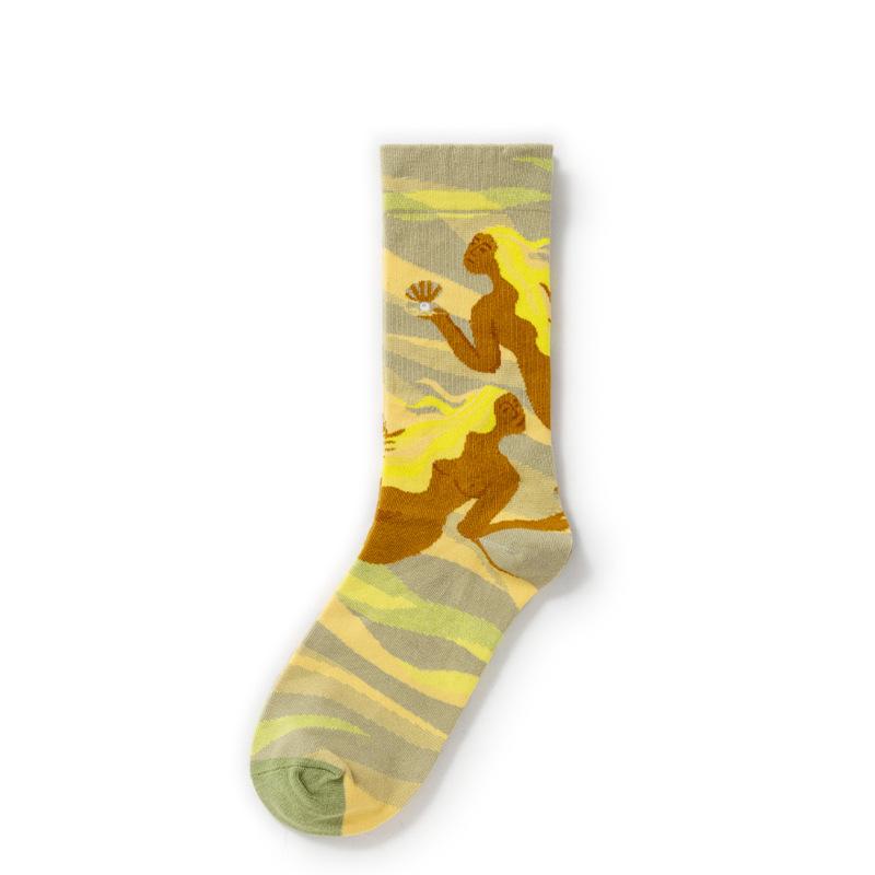 French Retro Abstract Oil Painting Mid-Calf Socks - Trendy Autumn/Winter High-Top Creative Combed Cotton for Women