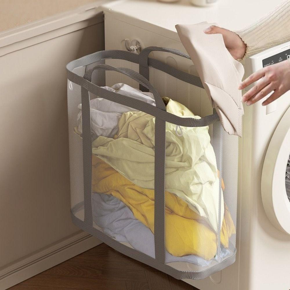 Wall Mounted Nylon Mesh Laundry Basket Foldable Large Capacity Dirty Clothes Basket Space Saving with Handle