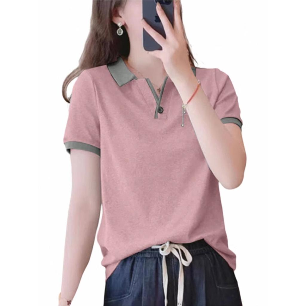 Lapel short sleeve t-shirt women's summer color block polo shirt top