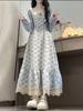 2026 Summer Korean Gentle Lace Patchwork College-Style Waist-Cinched Floral Dress with Doll Collar
