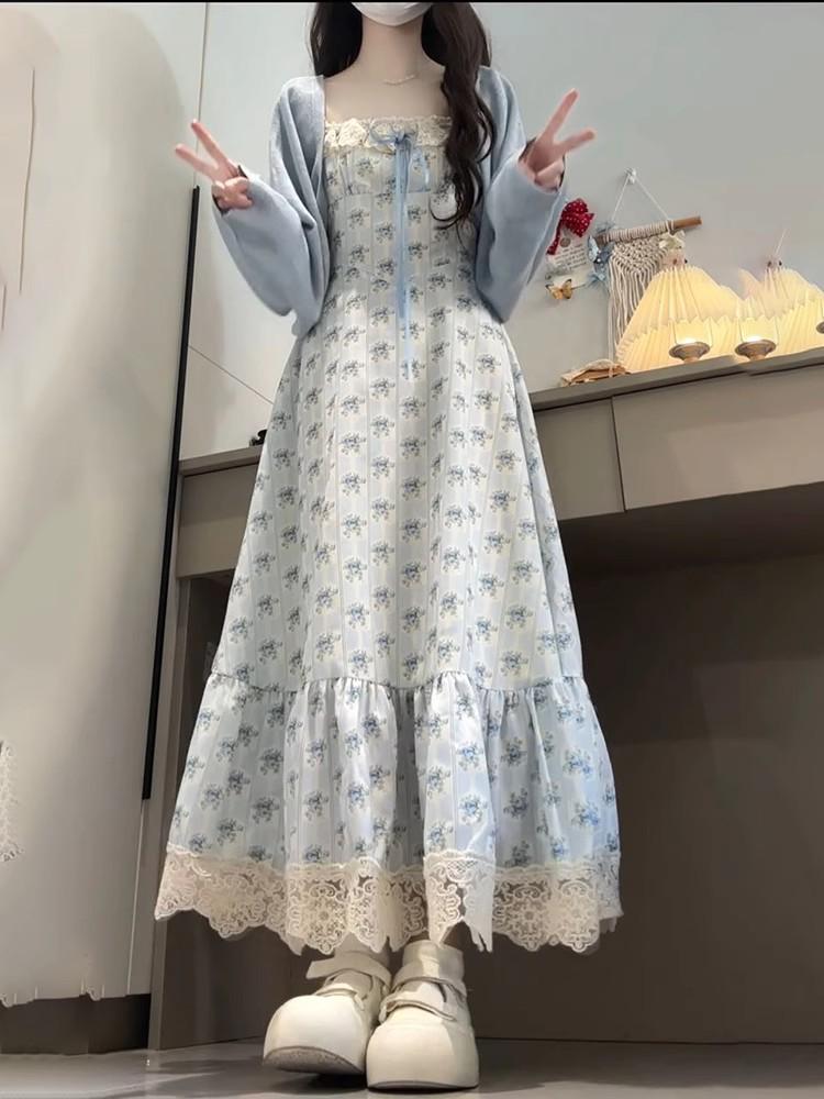 2026 Summer Korean Gentle Lace Patchwork College-Style Waist-Cinched Floral Dress with Doll Collar