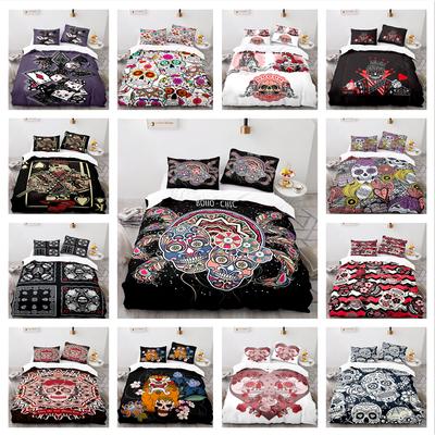 Flower Skull Print Bedding Single Double Bed Full Size Pillowcase and Quilt Cover 2 or 3 Black Skull Print Comfortable Home Decoration