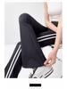 Black Striped Micro-Flare Sports Pants for Women - 2026 Spring Collection, High Waist Slimming Bell Bottoms, Plus Size, Extra Long.