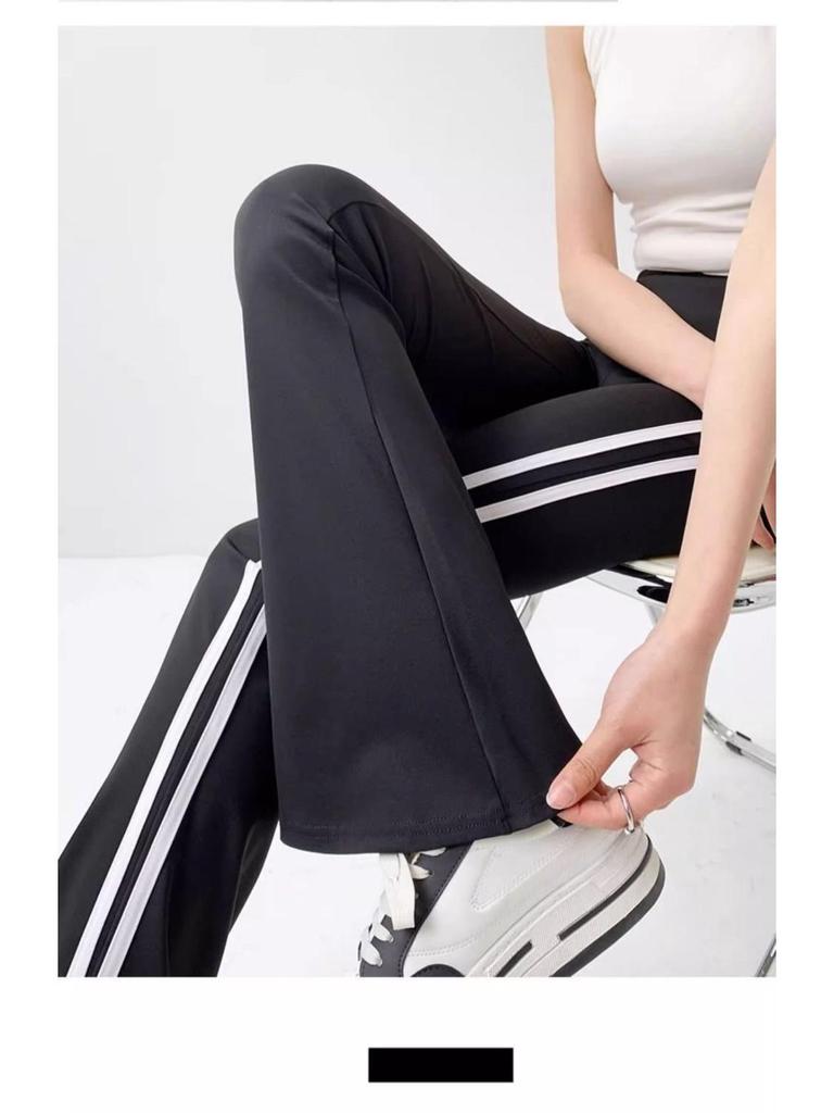 Black Striped Micro-Flare Sports Pants for Women - 2026 Spring Collection, High Waist Slimming Bell Bottoms, Plus Size, Extra Long.