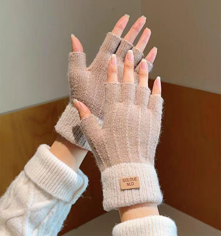 Unisex Knitted Touchscreen Half-Finger Wool Gloves, Thickened with Velvet for Winter Warmth and Office Use.