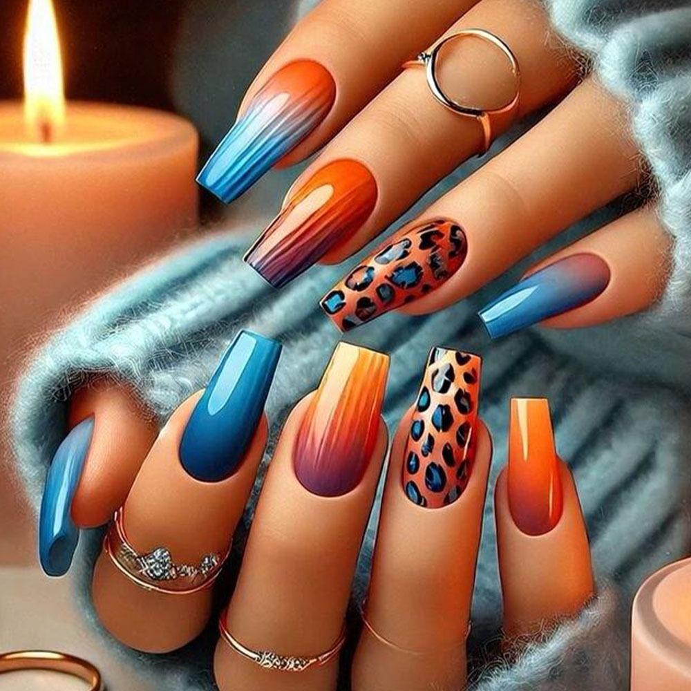Gradient Leopard Print Ballet Nails - Orange & Blue Fairy French Fake Nails