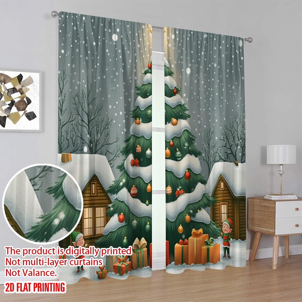 2pcs,2D Plane Printing Curtains Digital Printed Christmas Tree Snow Gifts_b Versatile Polyester Fabric (without Rod) All Seasons