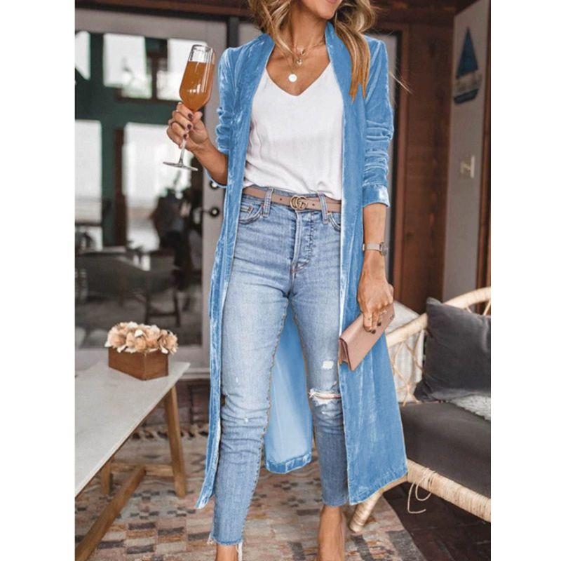 Fashion Loose Gold Velvet Stretch Mid Length Trench Coat