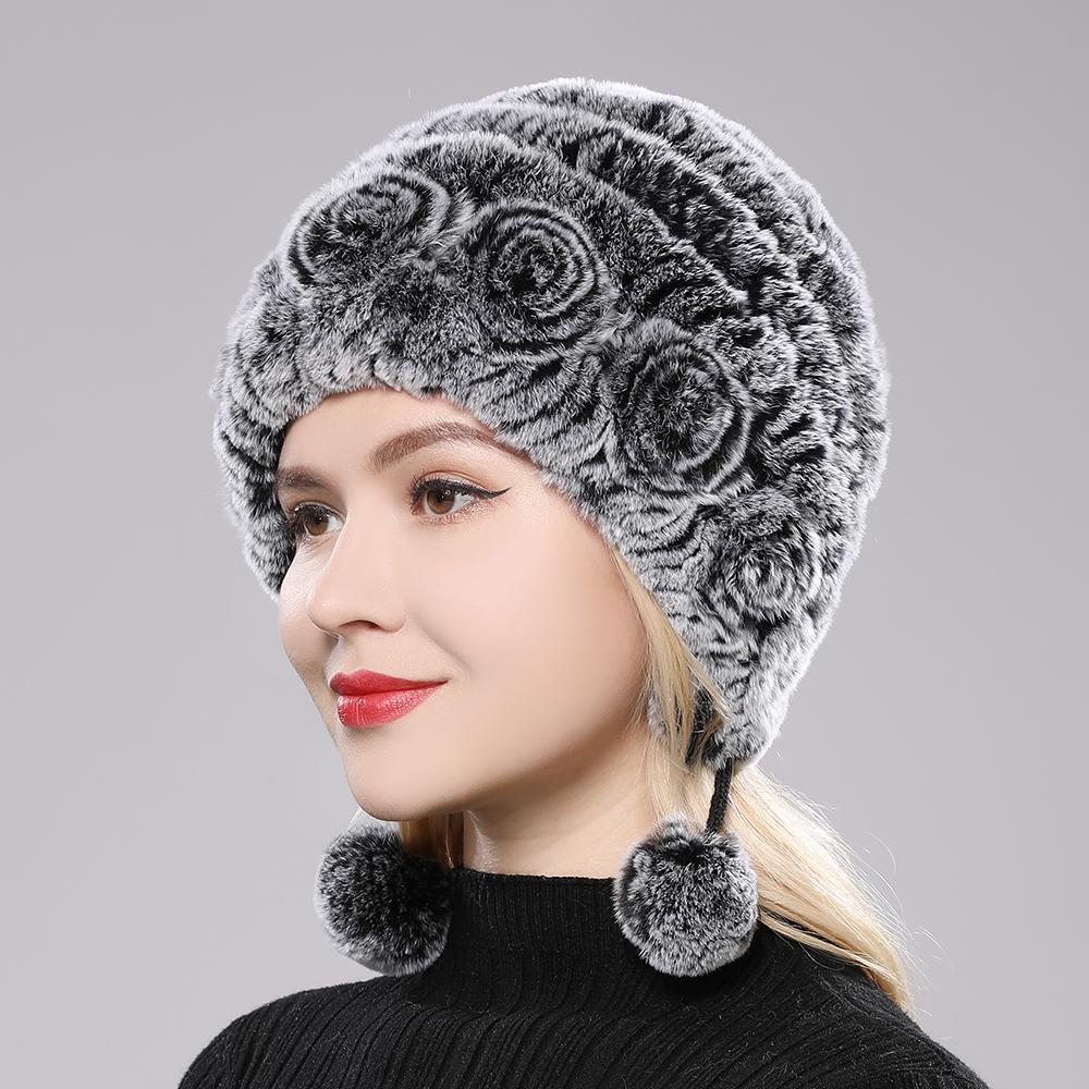 Winter Hats for Girls Women's Fur Hat Real Rex Rabbit Cap Floral Knitted Hat with Balls Skulls Beanies 55-59cm