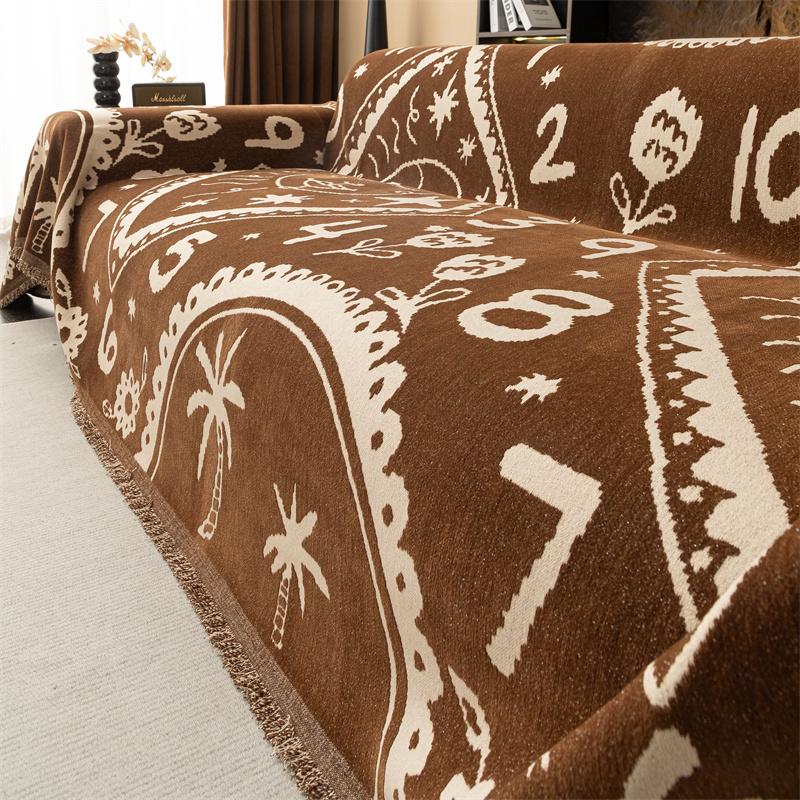 Clock Chenille Sofa Cover Cloth Retro Printed Sofa Towel Four-Season Universal Cover Cloth Light Luxury High-End Set Towel