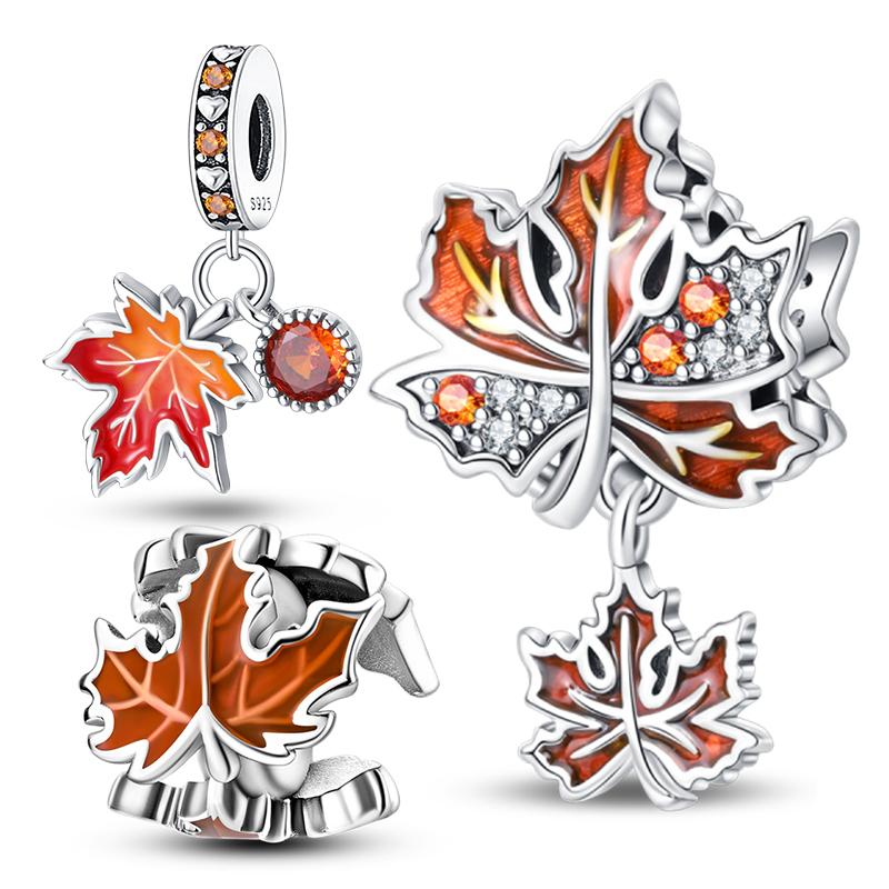 Charms Copper Fits 3Mm Original Bracelet Womens New In Autumn Sunset Maple Leaves Charms Beads Diy Fine Jewelry Gift