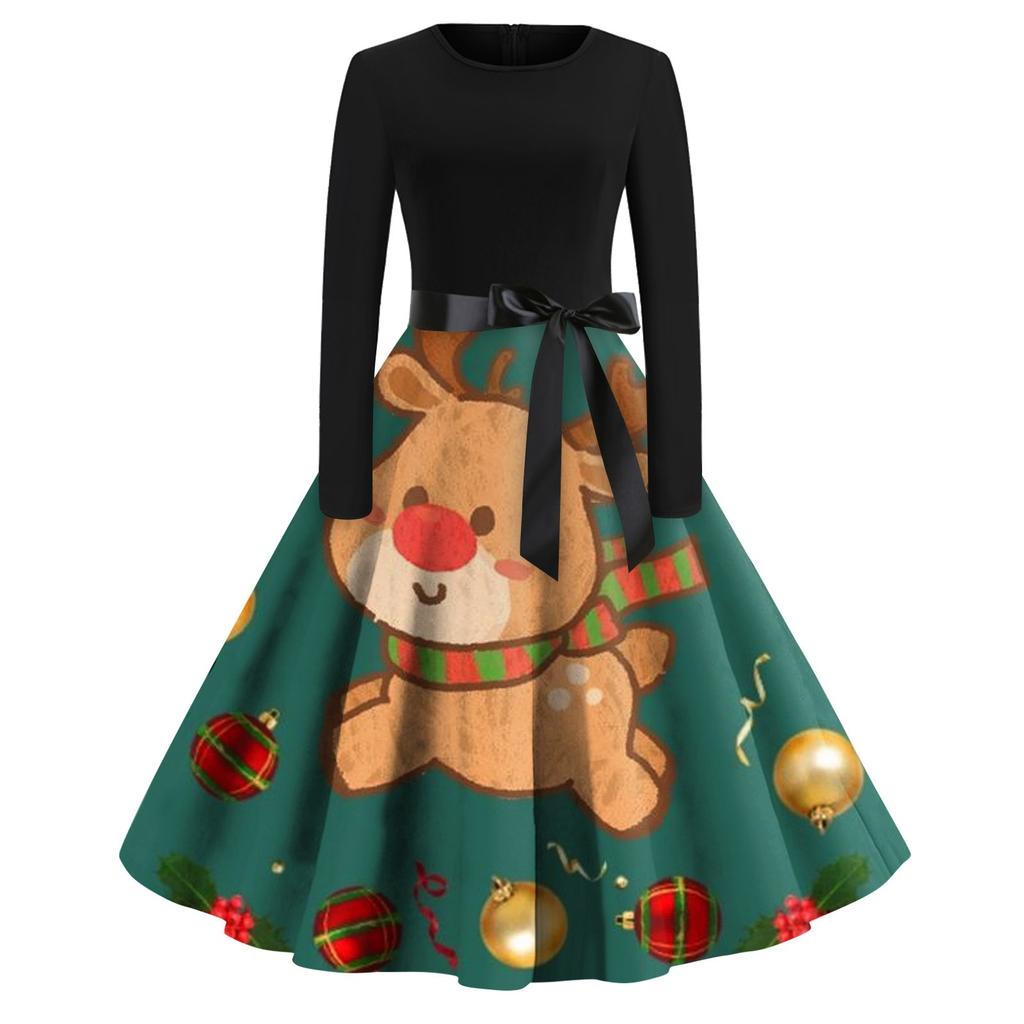 Christmas Print Flare Dress For Women Long Sleeve Dress Hollow Party Casual Dresses