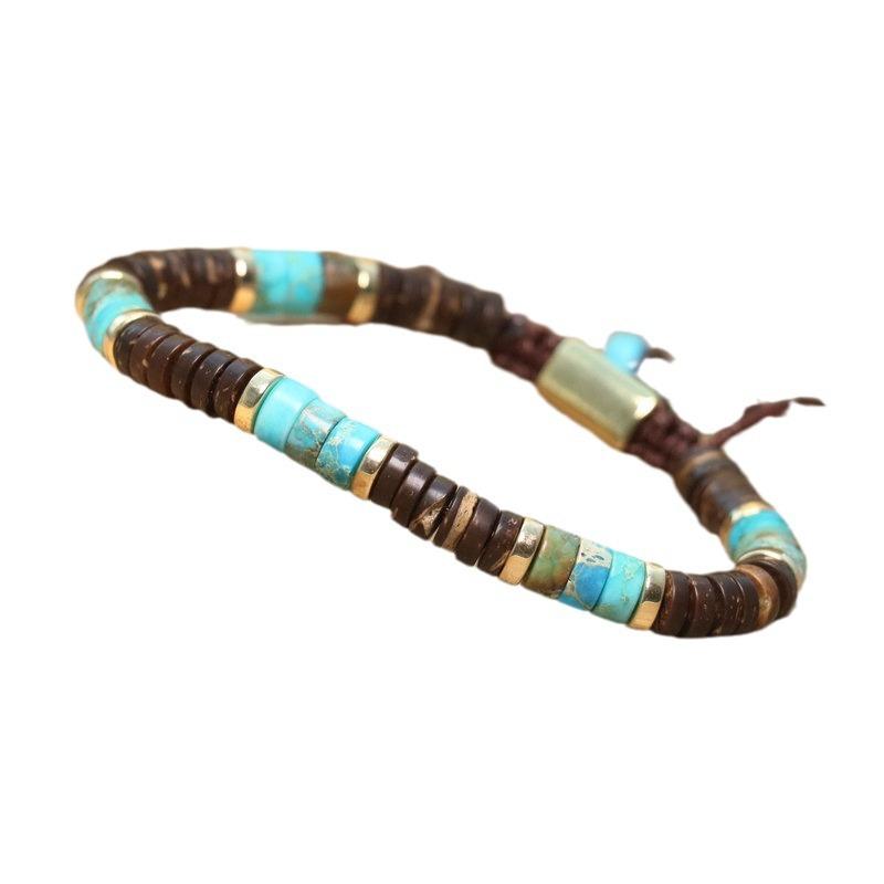 Turquoise Coconut Shell Beaded Bracelet – Gold Accent Adjustable Boho Jewelry, Natural Stone Healing Gift for Men & Women
