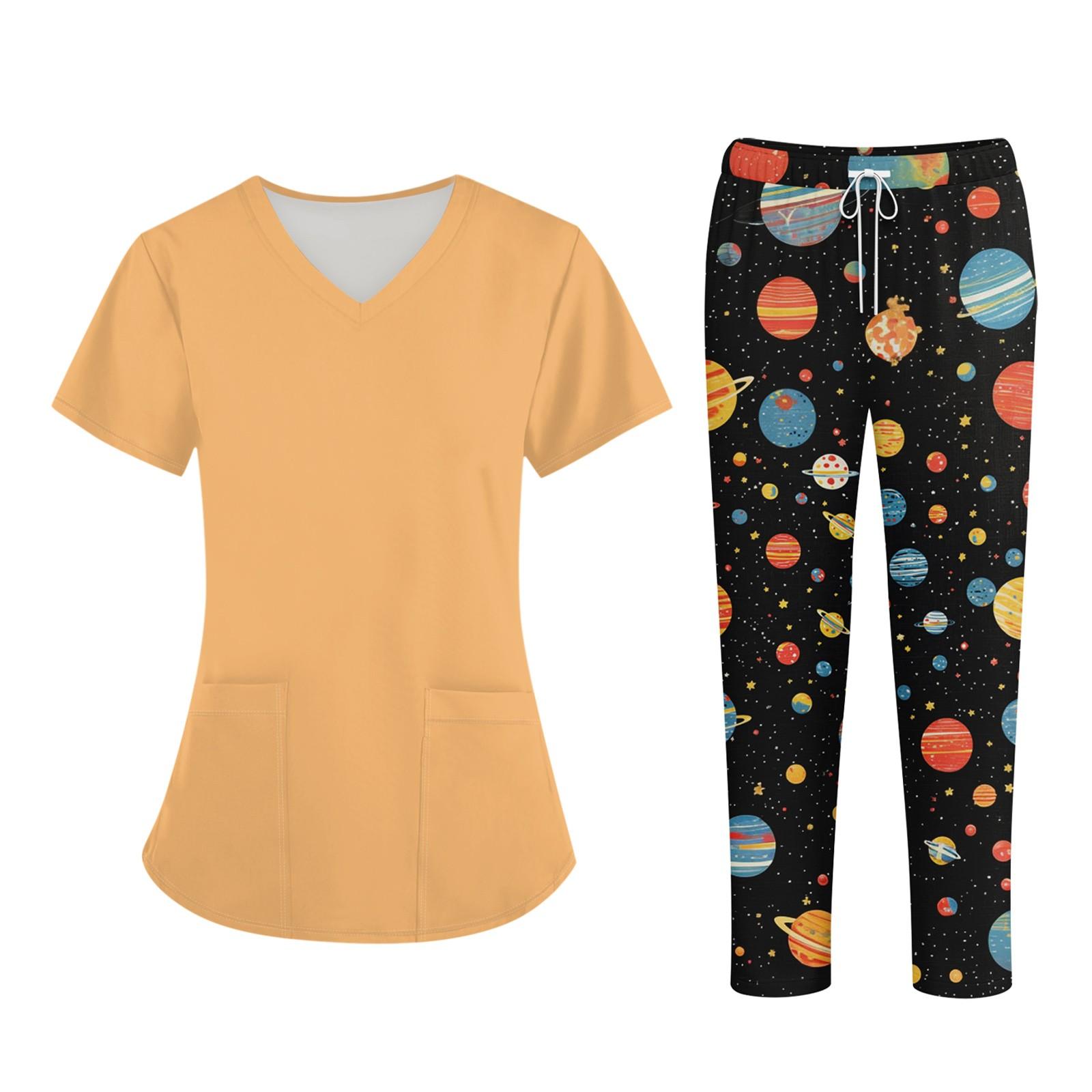 

Плюс размерСкраб с принтом Рабочая форма Топы для женщин Крест V-образным вырезом Хэллоуин Принт с короткими рукавами Забавные футболки Спецодежда Футболка с карманами XXXL бежевый