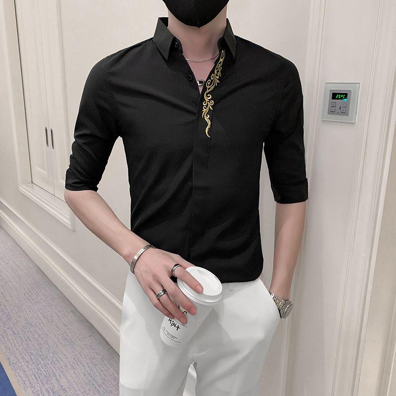 

Однотонні сорочки кежуал з відкладним коміром на ґудзиках, з вишивкою, красиві, модні, формальні, для офісу, весняно-літні, тонкі, чоловічий одяг XL чорний