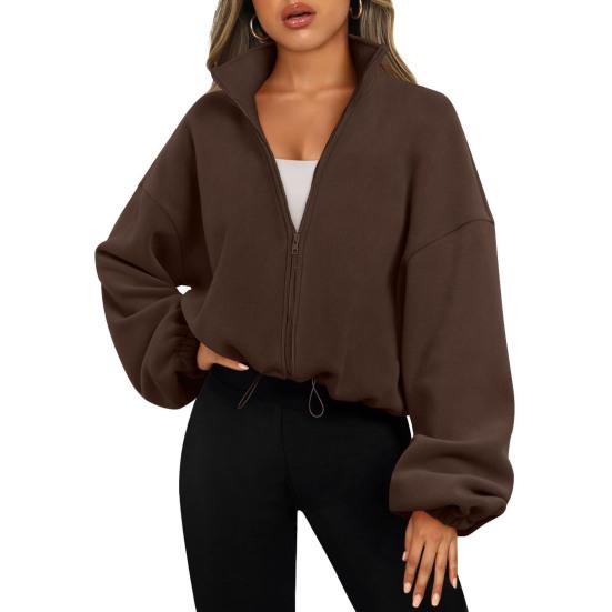 Women's Zip Drawstring Fleece Short Jacket Full Hem Stand Collar Warm