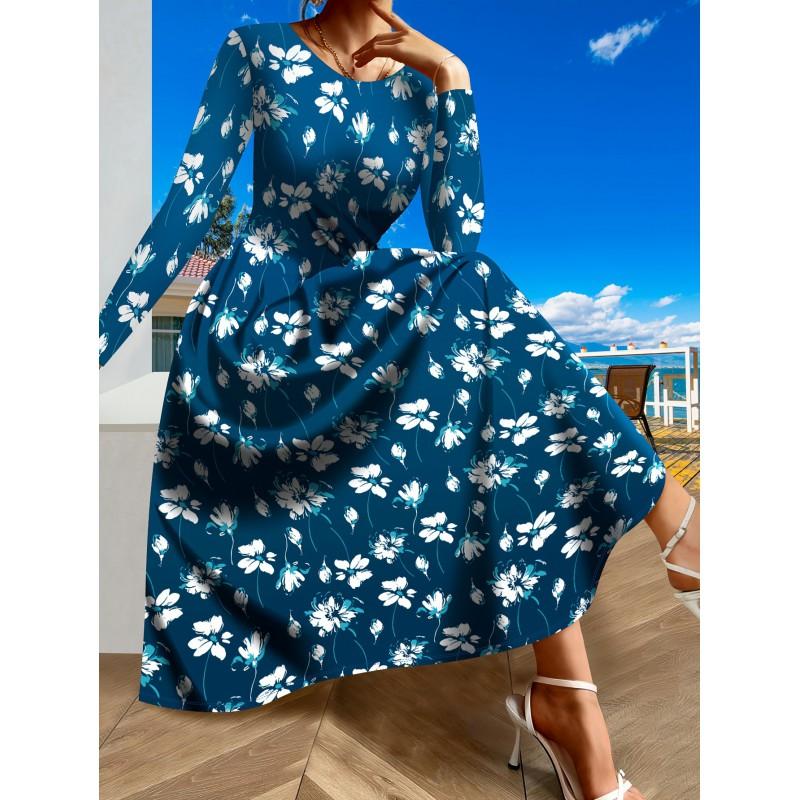 Womens Purple Floral Print Long Sleeve Maxi Dress - Elegant Party In Milk Silk Fabric