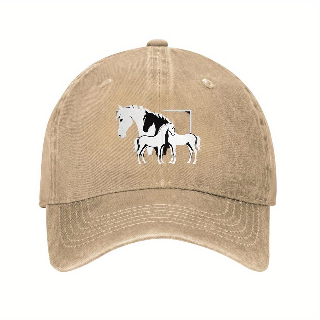 Horse Family Print Denim Baseball Cap Adjustable Washed Cotton Dad Hat Casual