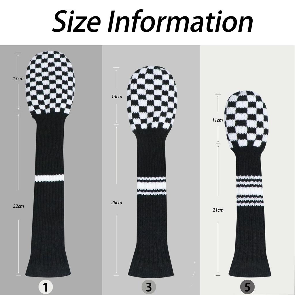 LeFeng Golf Club 3 Pieces Knitted Golf Club Covers 460cc for Driver Fairway Woods No Pom Poms for Hybrids White Covers, (Black Checkered)