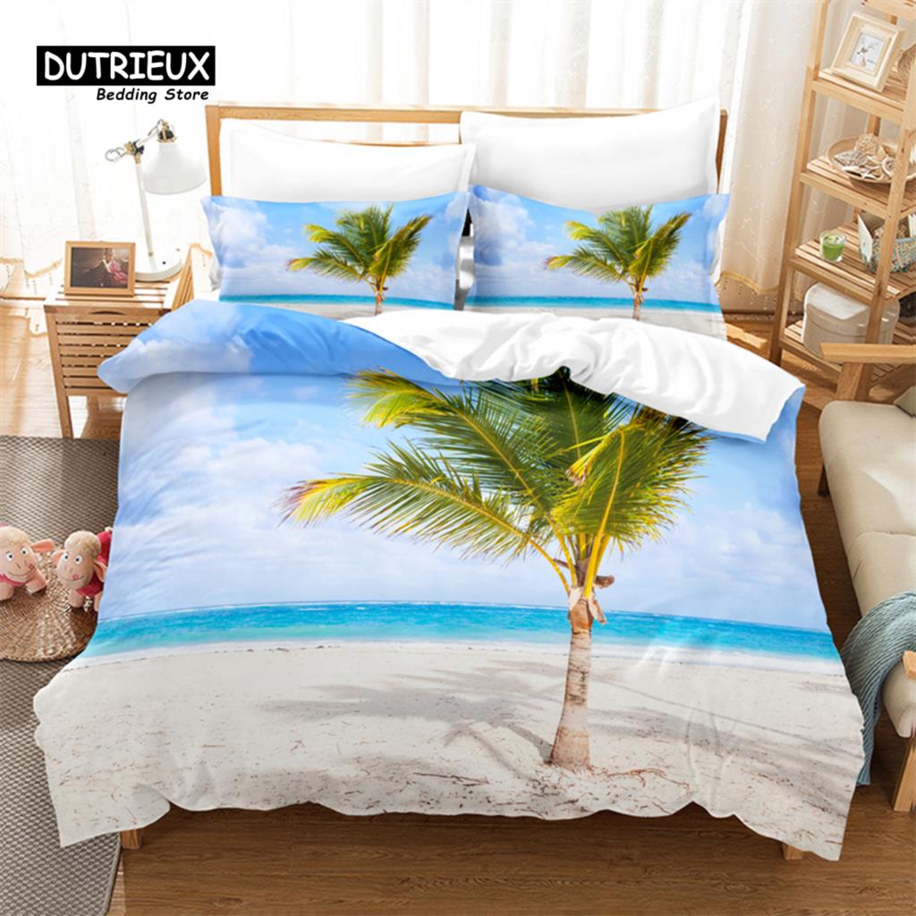 Seaside Beach Bedding Set, 3Pcs Duvet Cover Set, Soft Comfortable Breathable Duvet Cover, For Bedroom Guest Room Decor
