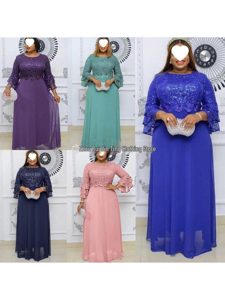 African European Women's Plus Size 2023 New Lace Heavy Work Chiffon Dress