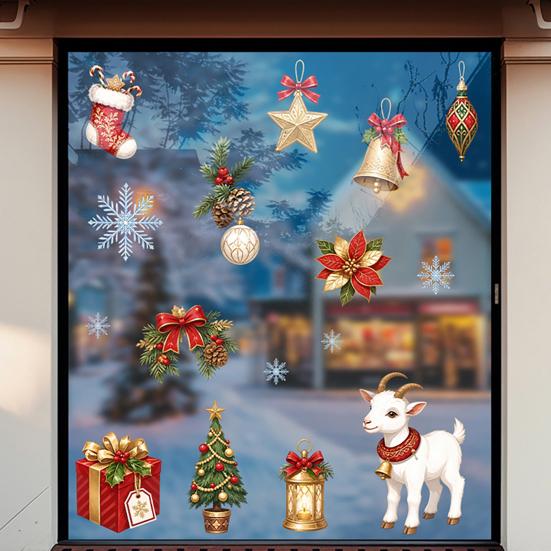 Christmas Window Clings Lamb Static Glass Stickers, Reusable PVC Cling, Holiday Tree Wall Decor Decals with Bells Snowflakes And Gifts for Festive