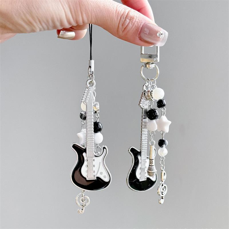 Cute Guitar Microphone Bead Mobile Phone Chain Charm Sweet Keychain Backpack Musical Note Pendant Bag Hanging Ornament Girl Gift