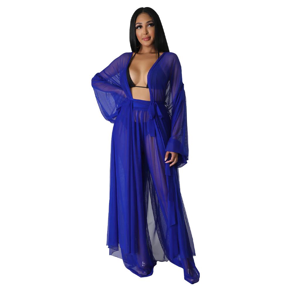 

Женский однотонный брючный комплект с рукавами «летучая мышь» и прозрачными длинными рукавами, новая мода Small разноцветный/синий