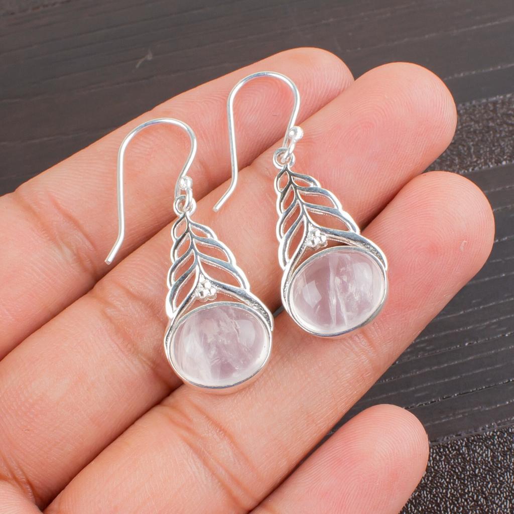 Rose Quartz Gemstone 925 Sterling Silver Jewelry Earrings 1.64" Gift For Her CE-1-30