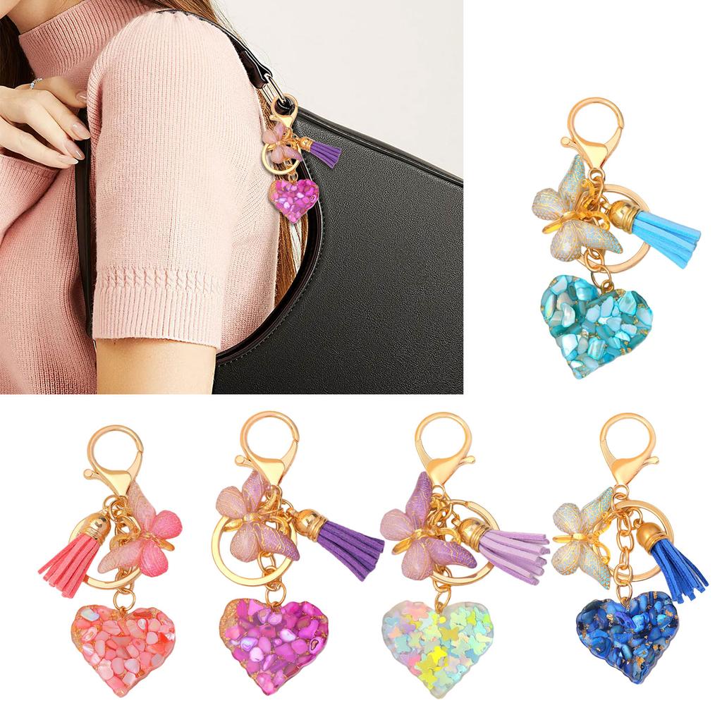 Lovely Butterfly Keychain Shiny Sequin Filled Resin Keyring Handbag Charm Car Key Chain Heart Bag Charm Decorations