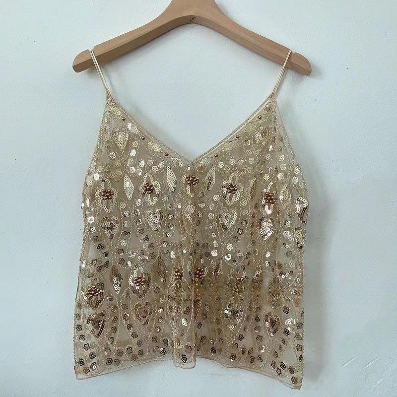 Women's Summer Sequin Beaded Deep V-Neck Crop Cami – Sparkly Sleeveless Layering Tank Top, Sexy Slimming Clubwear