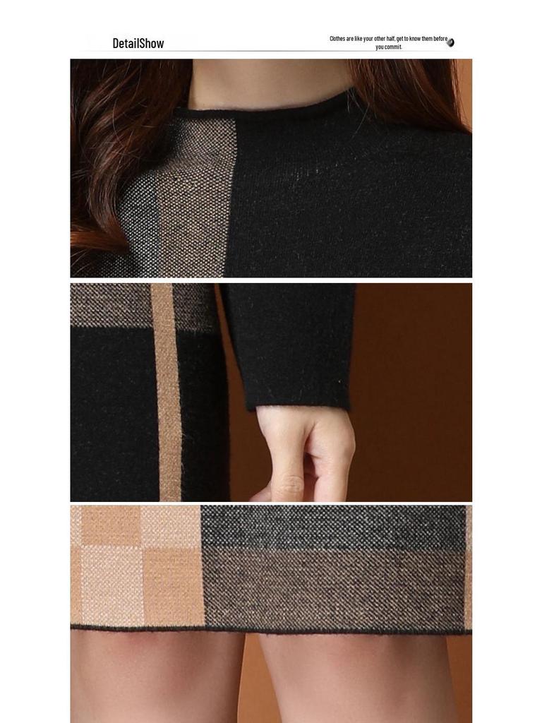 Herbst 2025 Langes Woll-Strickkleid über dem Knie mit Innenlage