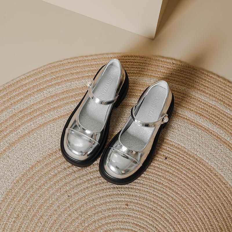 Silver Mary Jane shoes women's pearl one-word thick-soled light-mouth single shoes women's small fragrant wind round head thick heel jk shoes