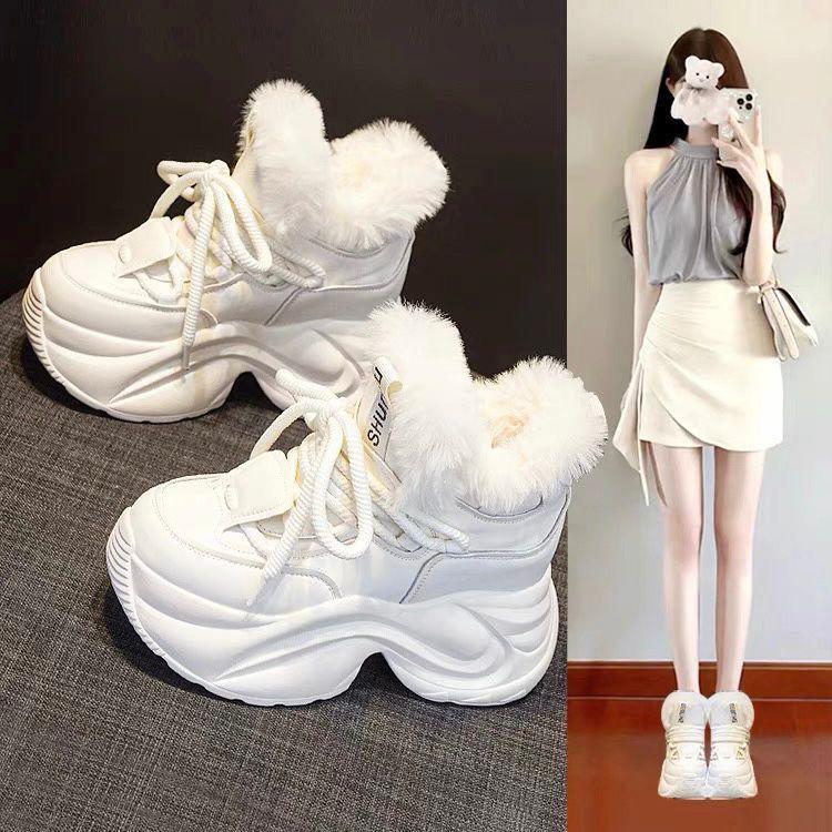 Women's Height-Boosting Thick-Sole Cotton Winter Sneakers with Plush Lining