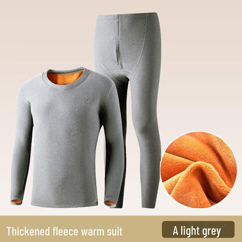 Men's Gold Velvet Two-Piece Warm Suit: Autumn/Winter Plush Crew Neck T-Shirt and Solid Color Pants In Trendy Oversized Fit.