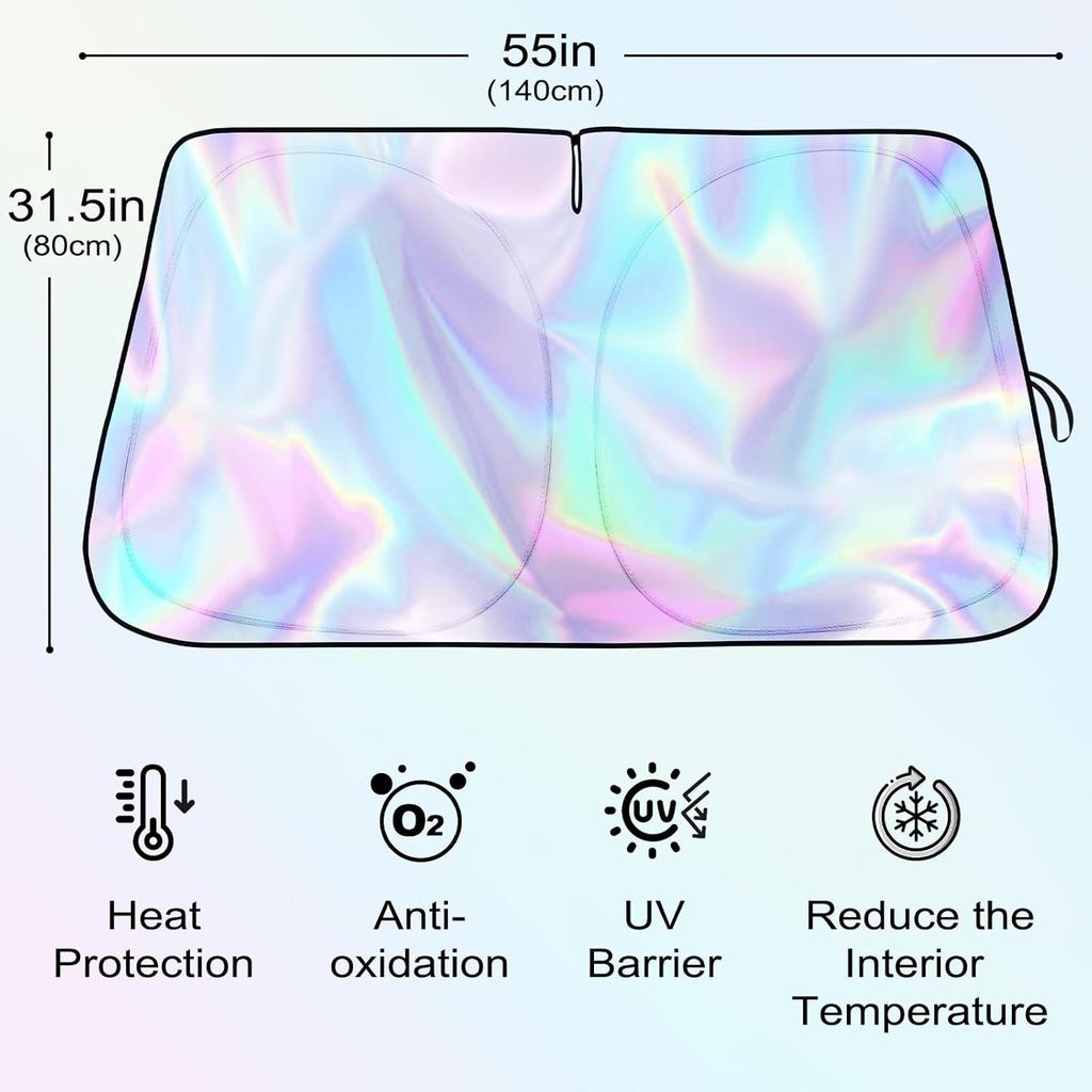 Iridescent Sun Shade for Car Windshield, Foldable Universal Car Windshield Upgrade Sunshade Enhanced UV Rays Reflective Sun Visor Shade Keeps Vehicle