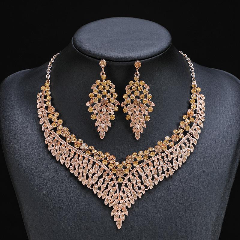 Alloy Clavicle Chain Crystal Gem Necklace & Earring Set - European & American Retro Evening Party Accessories