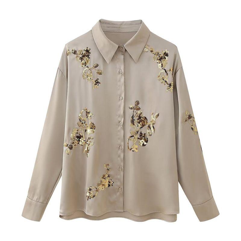 Kaslead New Arrival Women's Fashion Style Sequin Embroider Satin Shirt Casual Straight Trousers Suit