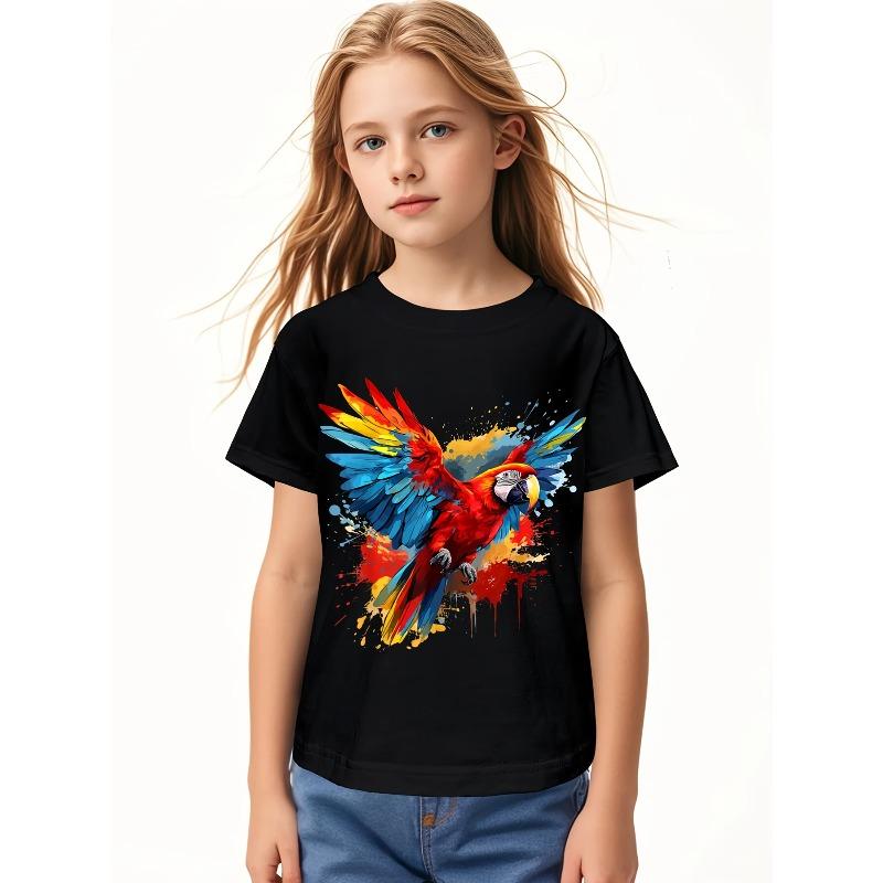 Children Crew Neck Short Sleeve T-Shirt with Watercolor Parrot Print