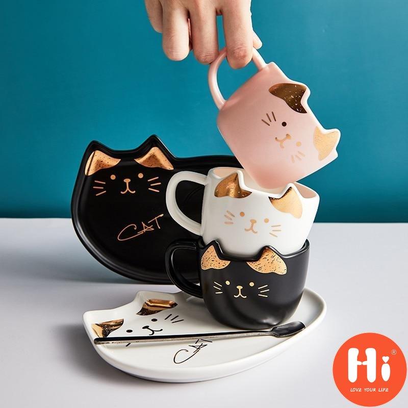 Hi Ceramic Coffee Cup With Saucer Spoon Cartoon Cat Teacup Breakfast Milk Mug Bread Dessert Dish Gift