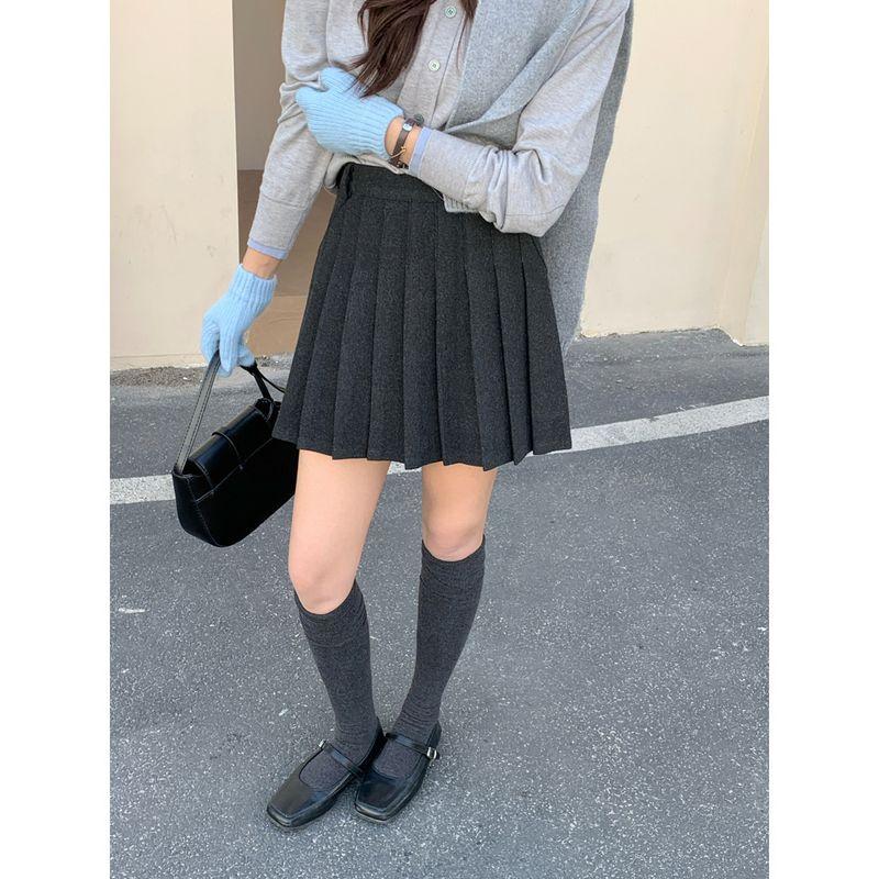

Autumn and Winter New Thickened Woolen Pleated Skirt Women s Skirt Preppy Versatile Casual High Waist A Word Short dress Dark gray-Unlined XL