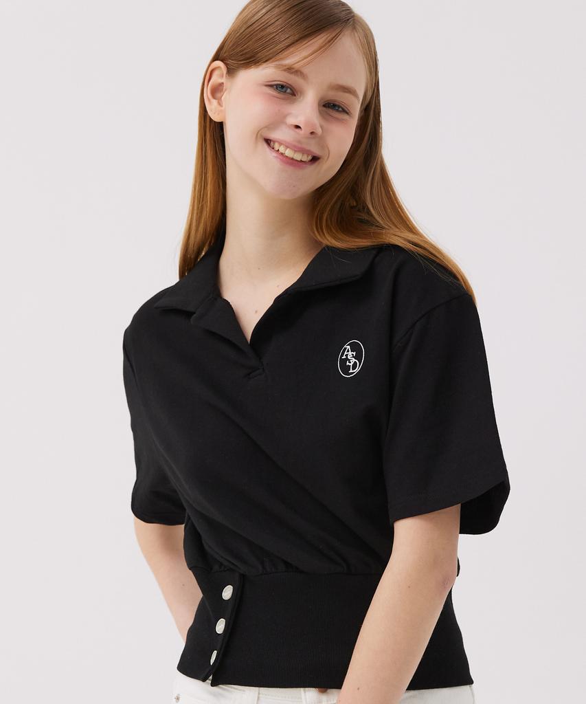AWESOME STUDIO Button Detail Collared Short Sleeve T-Shirt Black