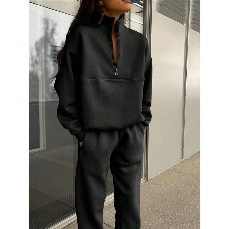 Autumn Winter European And American Half Zipper Stand Up Hoodie Set Solid Color Loose Casual Two Piece Set