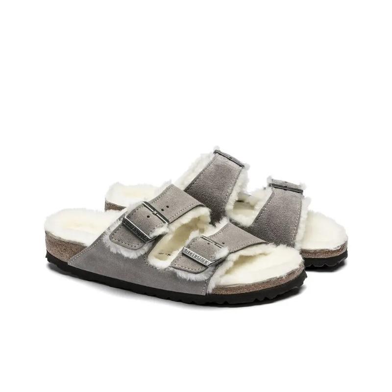 Birkenstock Arizona Shearling Unisex Round Toe Thick Sole Double Buckle EVA Wear-resistant Slide Sandals Stone Gray Narrow Fit 1017403 39